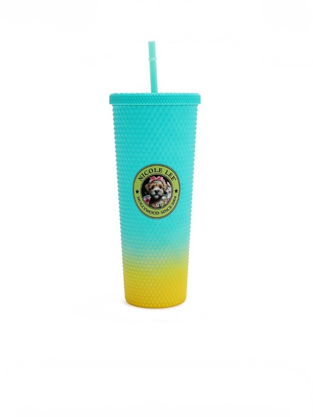Nicole Lee Studded Tumbler Teal Yellow  24oz Cold Cup with Straw Family Yearbook